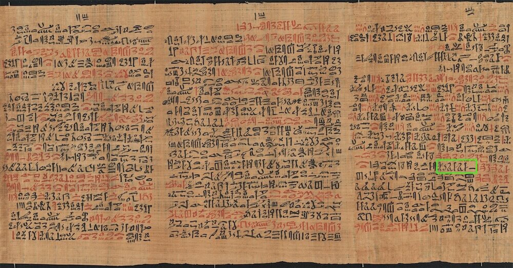 Ebers Papyrus, cols. 90–92, green frame: one occurrence of the plant njꜣjꜣ in a recipe against the sniffles. Image courtesy of Leipzig University Library.