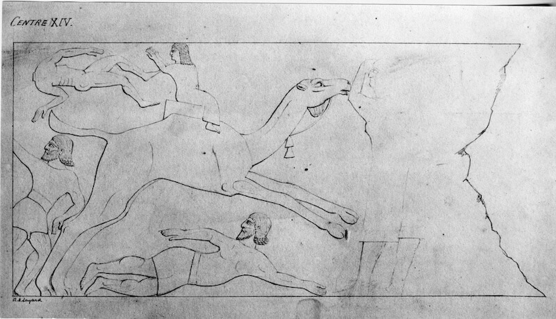 Sketch of a palace relief (now lost) showing a woman on a camel in battle – perhaps Samsi? Drawing by Henry Austin Layard. BM 2007, 6024.305. © The Trustees of the British Museum. CC BY-NC-SA 4.0.