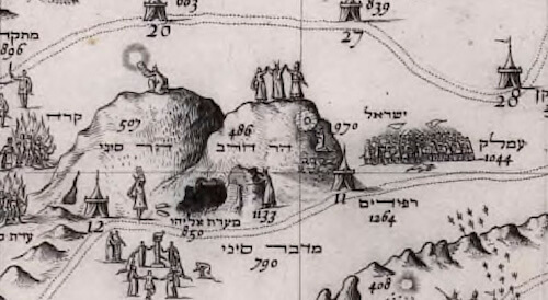 Detail showing Moses at Mount Sinai. Map of the Holy Land by Jacob ben Abraham Zaddiq, 1620–1621 CE. Source: gallica.bnf.fr / BnF