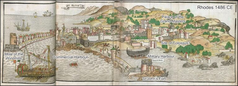 Figure 3: Rhodes City from the north in 1486 CE. Bernhard von Breydenbach, Peregrinationes in Terram Sanctam – First German edition, Mainz. Wikipedia, Public domain, annotated by the author.