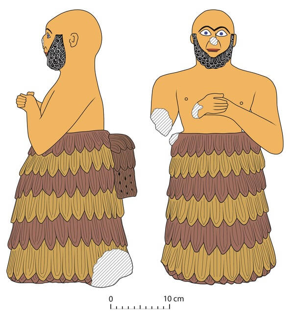 Standing private man with our reconstruction. Assur. H. 46.5 cm. 2575-2300 BCE. VA 8142. © Olaf M. Teßmer, Staatliche Museen zu Berlin – Vorderasiatisches Museum, and A. Nunn/H. Piening