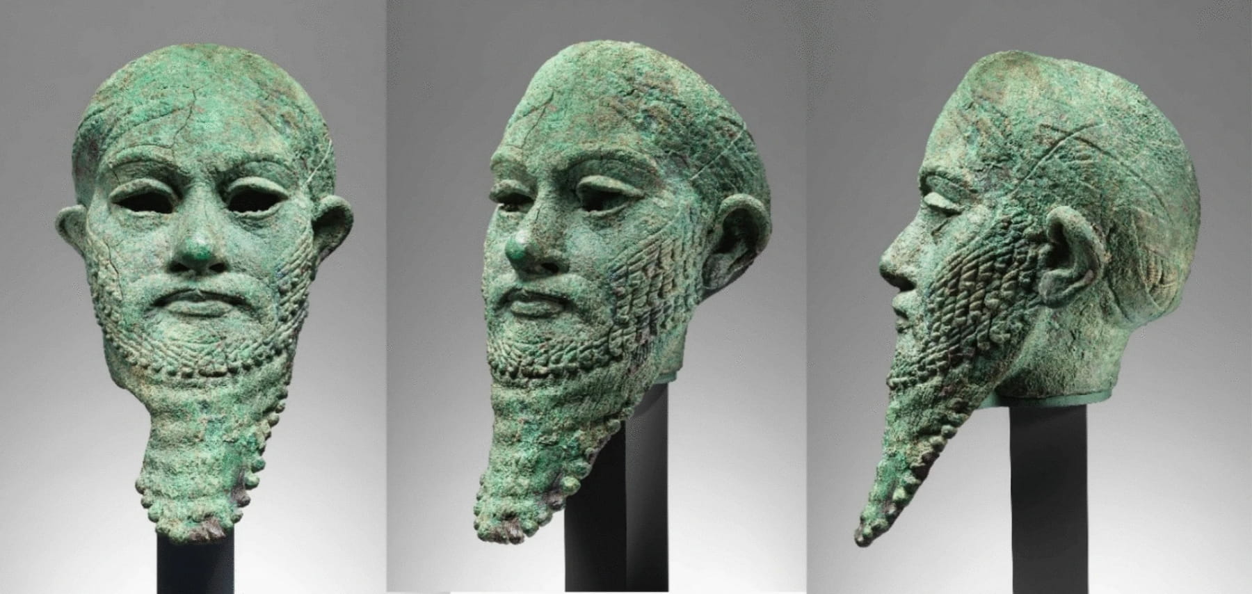 Three views of the Head of a Mesopotamian ruler, ca. 2300-2000 BCE. Credit: Anna-Marie Kellen / The Metropolitan Museum of Art