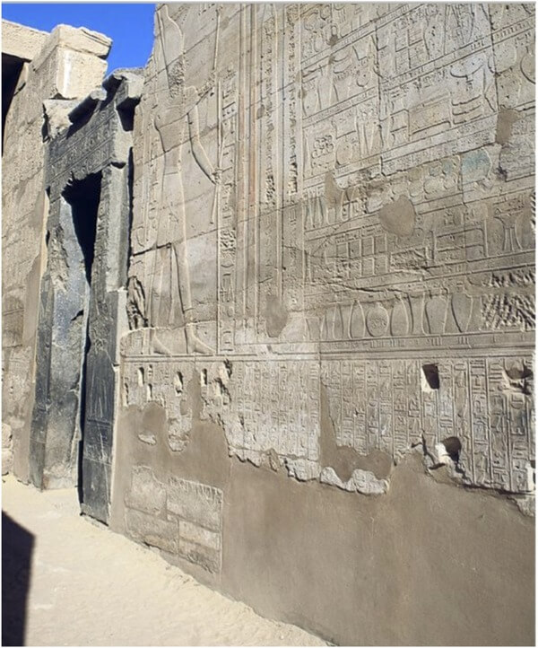 The Hall of the Annals in the Temple at Karnak, where a relief depicts Tjuthmosis III making gifts to the Temple. Amongst the gifts depicted are several baskets of semi-precious stone and glass (third register of offerings up, centre and right hand side, circular “ingots” in baskets).