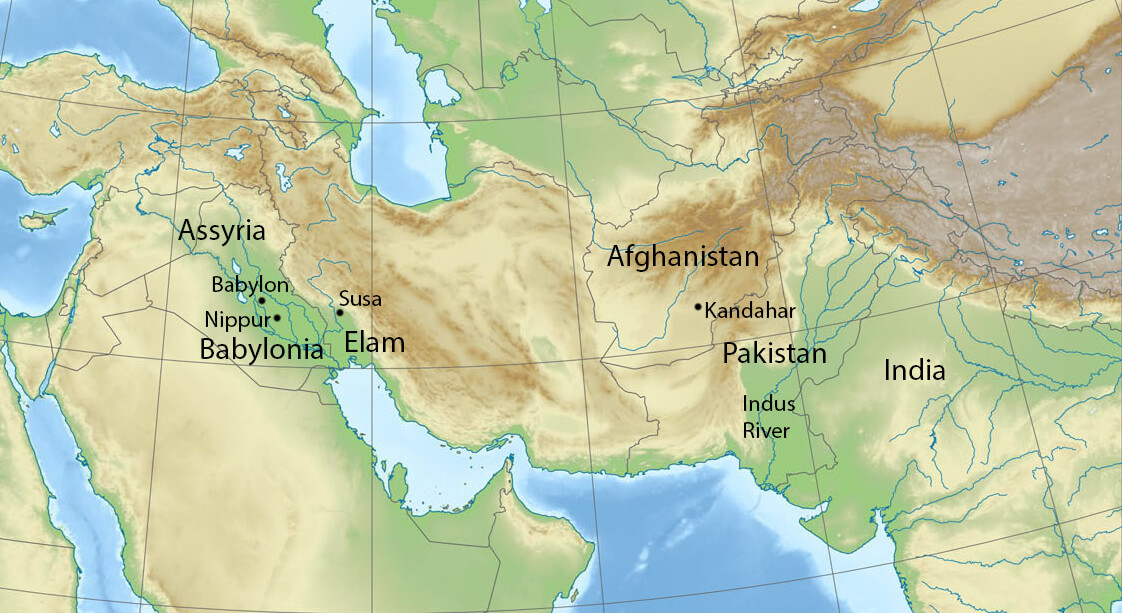 The Ancient Near East and North-West India. By the author, based on the map by Виктор В - File:Outline map of Middle East.svgETOPO1, CC BY-SA 2.0, https://commons.wikimedia.org/w/index.php?curid=11738416