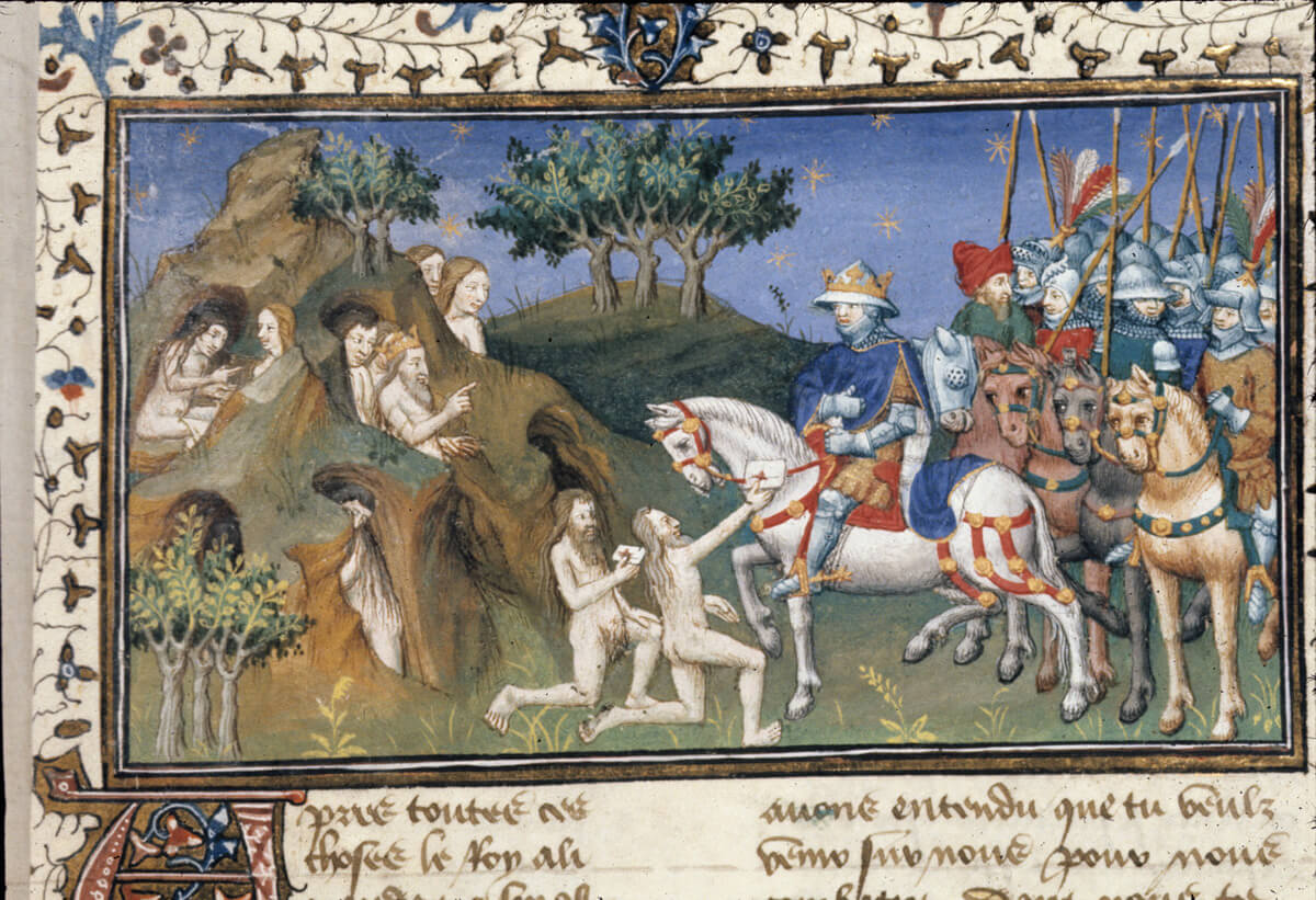 Alexander and the Indian gymnosophists. From: Le livre et la vraye hystoire du bon roy Alixandre (ca. 1420-1425), f.60r: British Library Royal 20 B XX. Courtesy of the British Library.