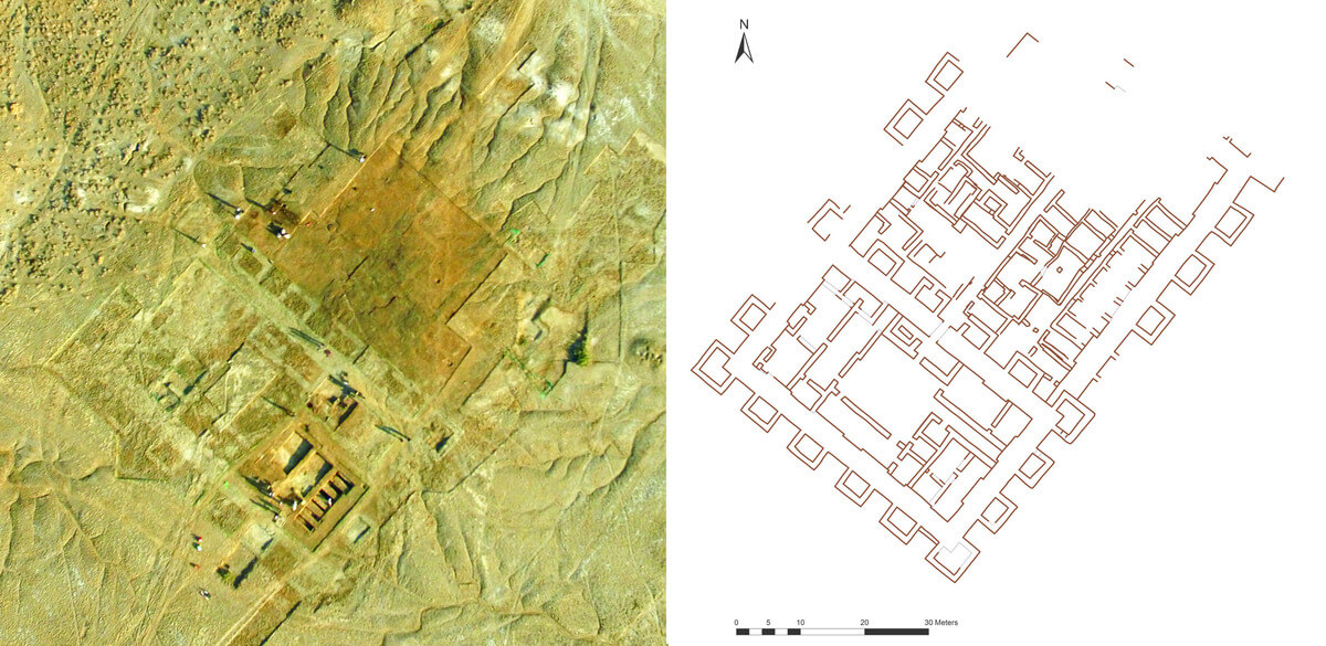 Aerial view and plan of Tell Khaiber administrative building. Courtesy Mary Shepperson.