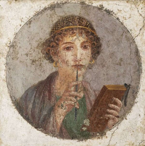 Sappho fresco from Pompeii. Sappho holds a stylus and four waxed boards. Ca. 55-79 CE.