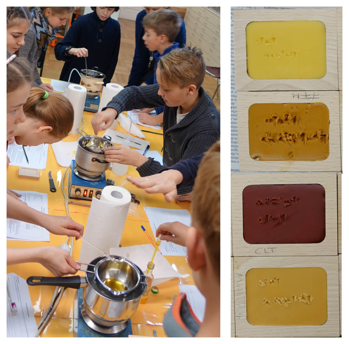 Mixing ingredients to obtain the ideal wax paste for cuneiform script, and a look at the results (Cuneiform Lab at the Martin von Wagner Museum of Würzburg University, Dec 2016, photo by Miron Sevastre).