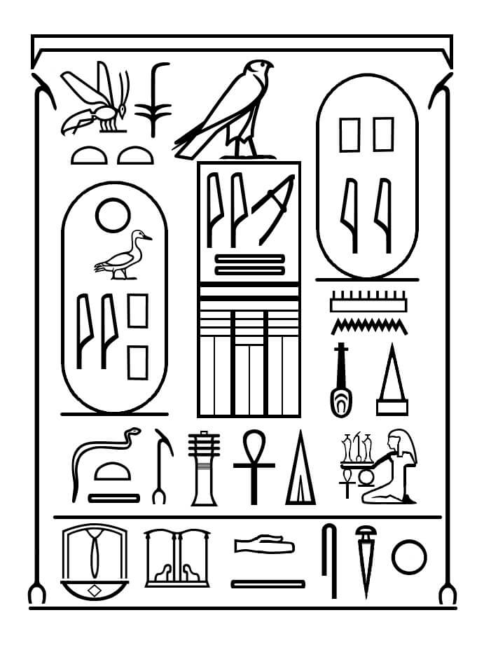 A ‘cosmic panel’ containing symbols asserting the hierarchical position of the pharaoh Pepi I Meryre. Two cartouches are included; one incorporated into the name of his pyramid on the right. Horus sits on top of the older serekh symbol. The strip at the top represents the sky; the scepters on either side represent the extents of his dominion; the line at the bottom represents the earth. The text in the lower register commemorates the occasion of his first ‘sed’ jubilee festival, when the pharaoh would complete a ritual circumambulation (Dave Lightbody).