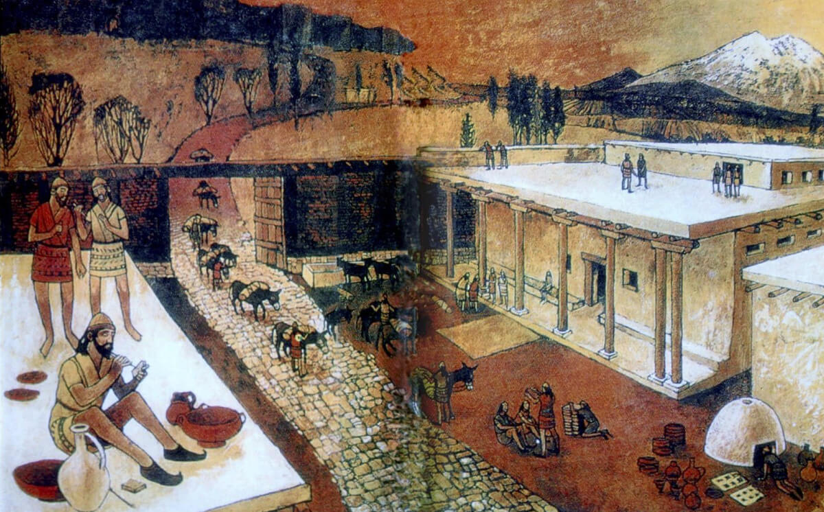 Representation of the arrival of donkey caravan at Kanesh lower town. On the top left, we can see the walls of the upper town where the local palace and temples are located. Painting on the wall of the Kültepe room in the Museum of Anatolian Civilisations in Ankara in the 1990s.