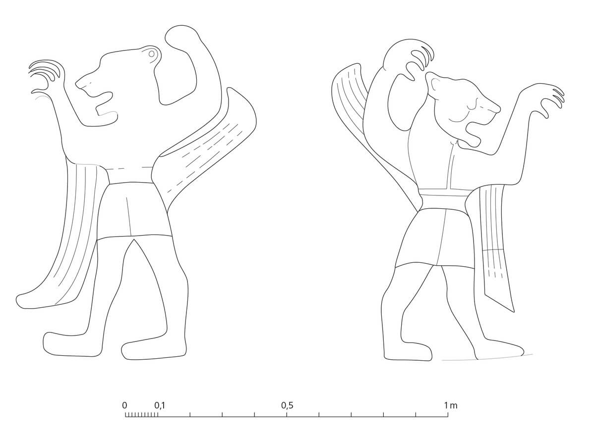 Lion-headed demons guarding the entrance to Chamber B in Yazılıkaya (Luwian Studies #1227).