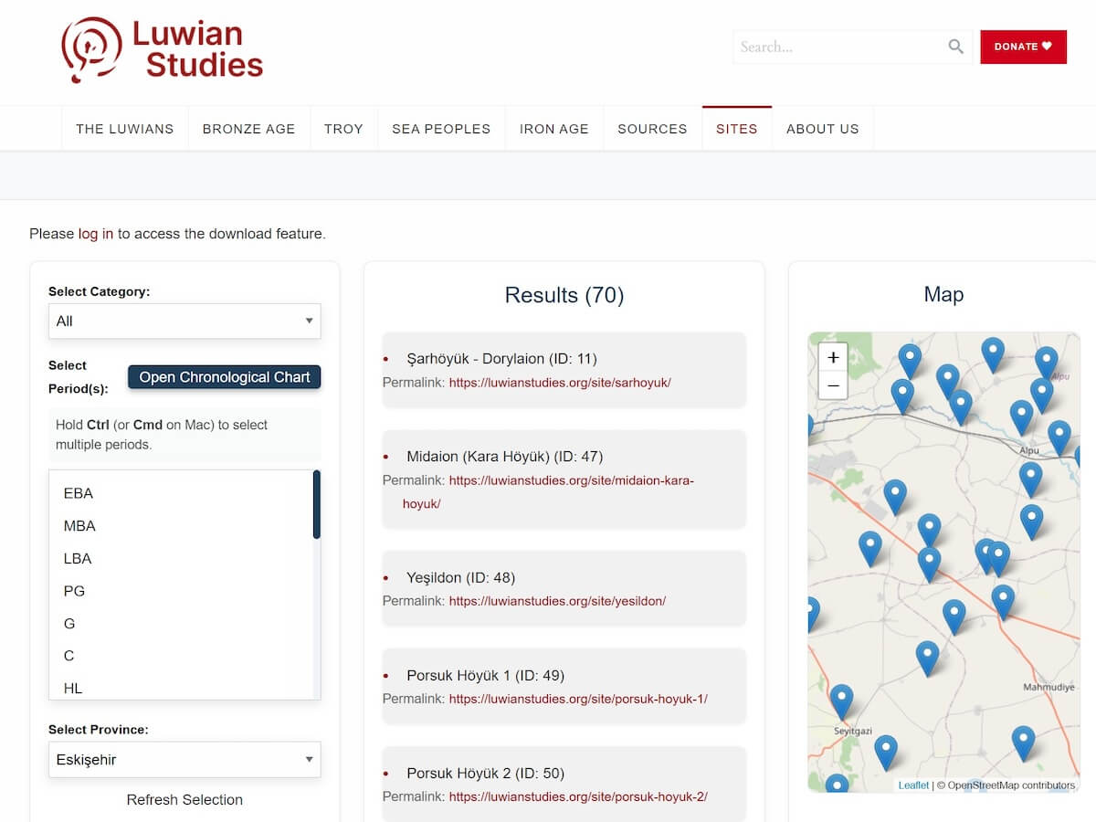 Screenshot of the advanced search panel with search fields for site type, period, and region, search results from external reference databases, and the interactive map showing site locations (Luwian Studies #0242).