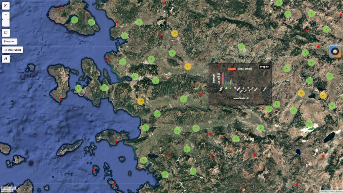 Screenshot of the interactive map displaying the Google Satellite base map and a histogram representing the chronological periods visible in the current view (Luwian Studies #0247).