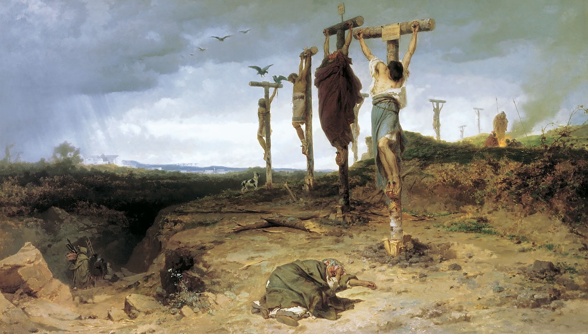 Fyodor Bronnikov, The Damned Box. Place of Execution in ancient Rome. The Crucified Slaves. The Year 1878. Now in the Tretyakov Gallery, Moscow. Public Domain.