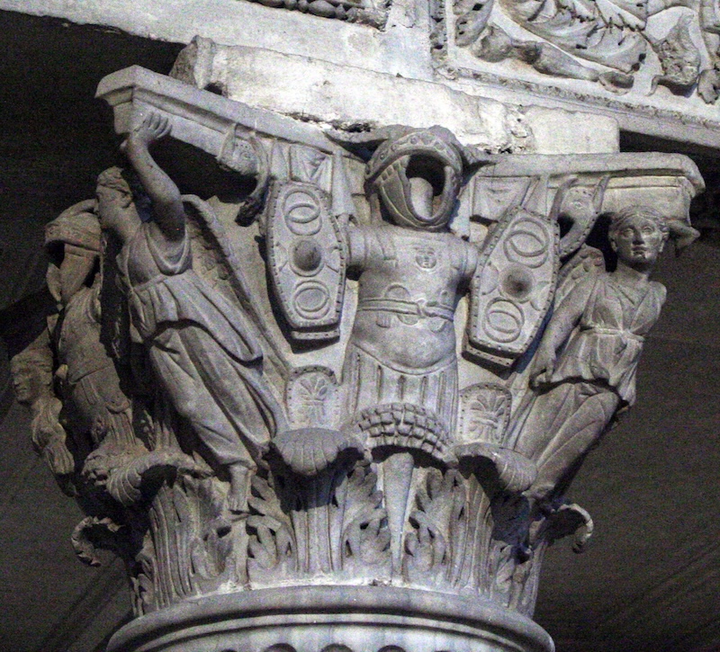 Severan era capital with Roman trophy. Now in the Basilica of San Lorenzo fuori le mura, Rome. Photo by Robin M. Jenson.