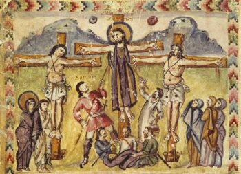Crucifixion from Rabbula Gospels, f ol. 13a, ca. 586. Manuscript now in the Biblioteca Medicea Laurenziana, Florence. Public Domain via Wikimedia.