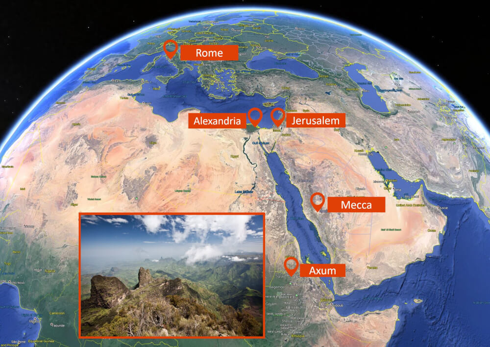 From Rome to Ethiopia. The figure combines an image from Google Earth and a picture of the Seimen mountains in the Ethiopian Highlands, the birthplace of Christianity in Ethiopia, by Hulivili, CC By 2.0.