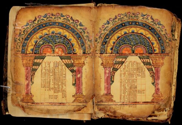 Abba Garima Gospel 1, images 9 and 10, combined. This manuscript contains the four gospels, showing here two of the Eusebian canon tables. Image by Ethiopian Heritage Fund via Wikimedia.