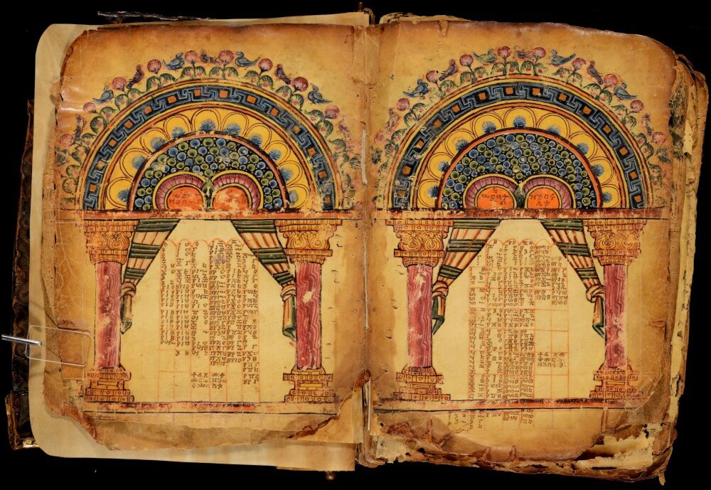 Abba Garima Gospel 1, images 9 and 10, combined. This manuscript contains the four gospels, showing here two of the Eusebian canon tables. Image by Ethiopian Heritage Fund via Wikimedia.