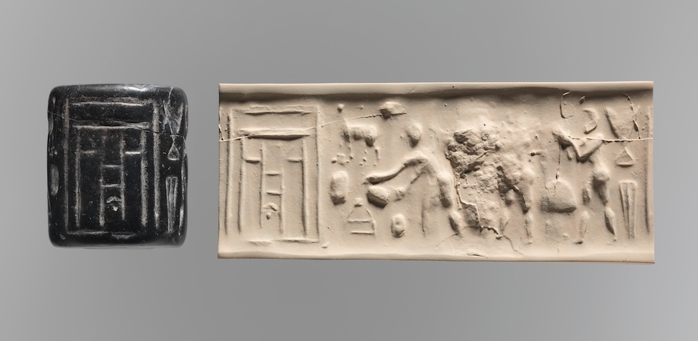 Figure 1: Example of a cylinder seal and modern impression: Ritual scene before a temple façade. Ca. 3500 – 3100 BCE (Late Uruk period). Metropolitan Museum of Art 1983.314.1. Image: Public Domain.