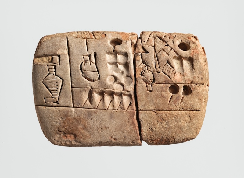 Figure 2: Example of a proto-cuneiform tablet recording information about malt and barley. Uruk III period (ca. 3200-3000 BCE). Metropolitan Museum of Art 1988.433.3. Image: Public Domain.