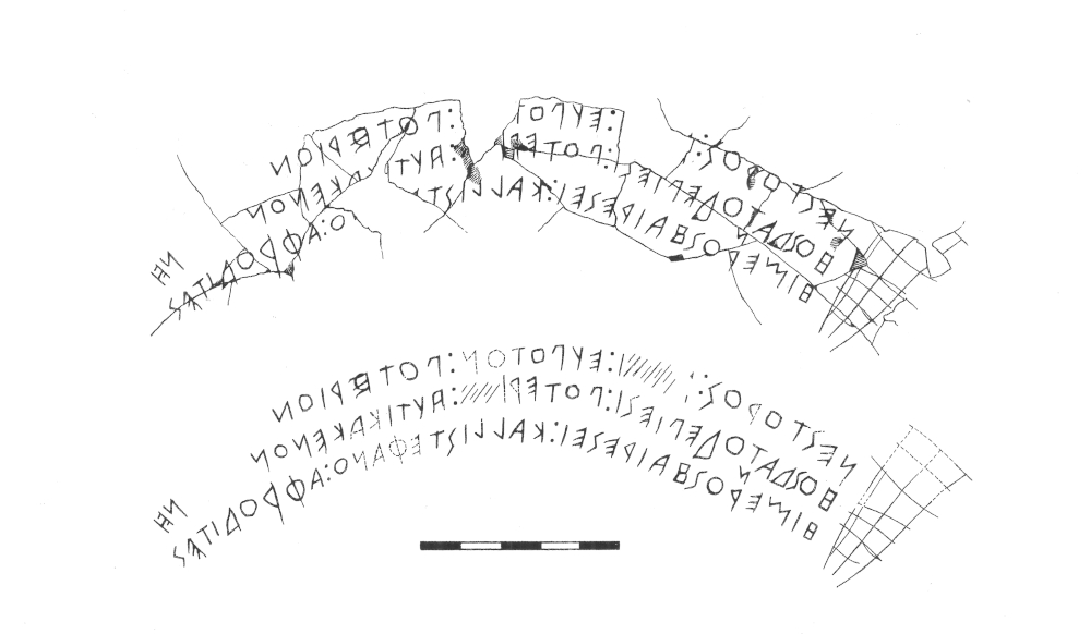 The Nestor's cup inscription with multiple dots as word divider, ca. 750-700 BCE. G. Buchner and C. F. Russo, 1955, La coppa di Nestore e un’iscrizione metrica da Pitecusa dell’VIII secolo av. Cr, Atti della Accademia Nazionale dei Lincei, Classe di Scienza morali, storiche e filologiche. Rendiconti 8, volume 10, p. 223, fig.4.