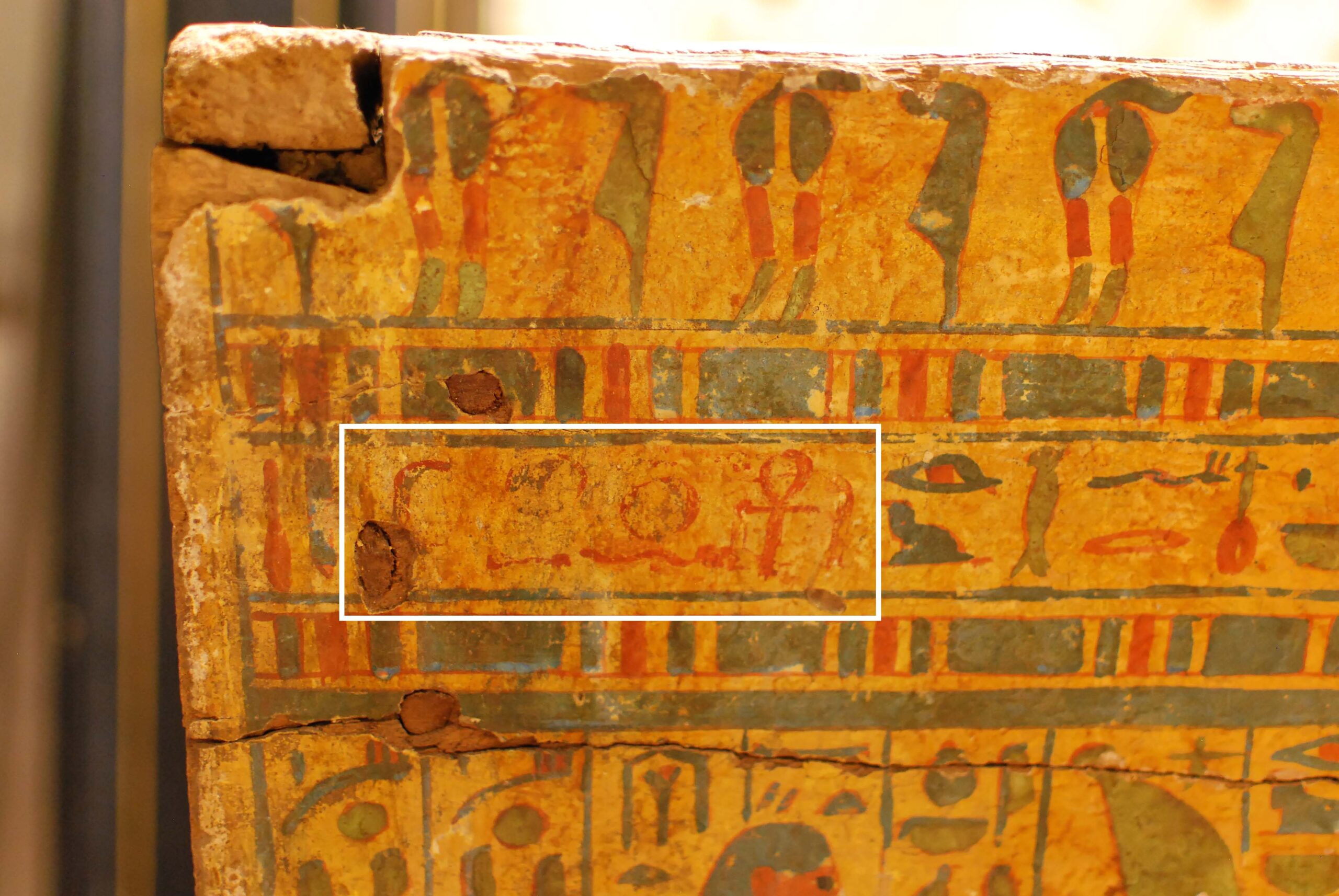 Detail of an example of name reuse on the outer coffin of Akhefkhonsu (Florence 8523). Photo by UCLA Coffins Project, Courtesy of the Egyptian Museum Cairo. From Recycling for Death by Kara Cooney, used by permission of the publisher, AUC Press.