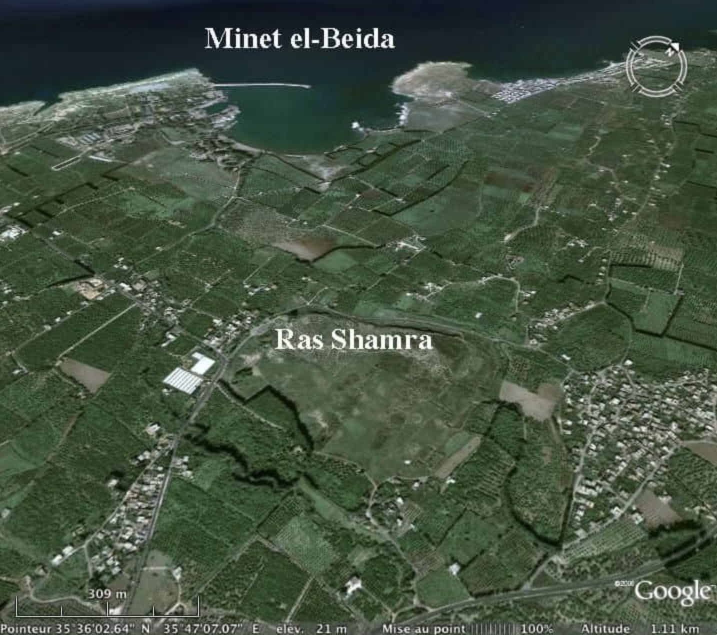 Figure 1. Minet el-Beidha and Ugarit (Google maps).