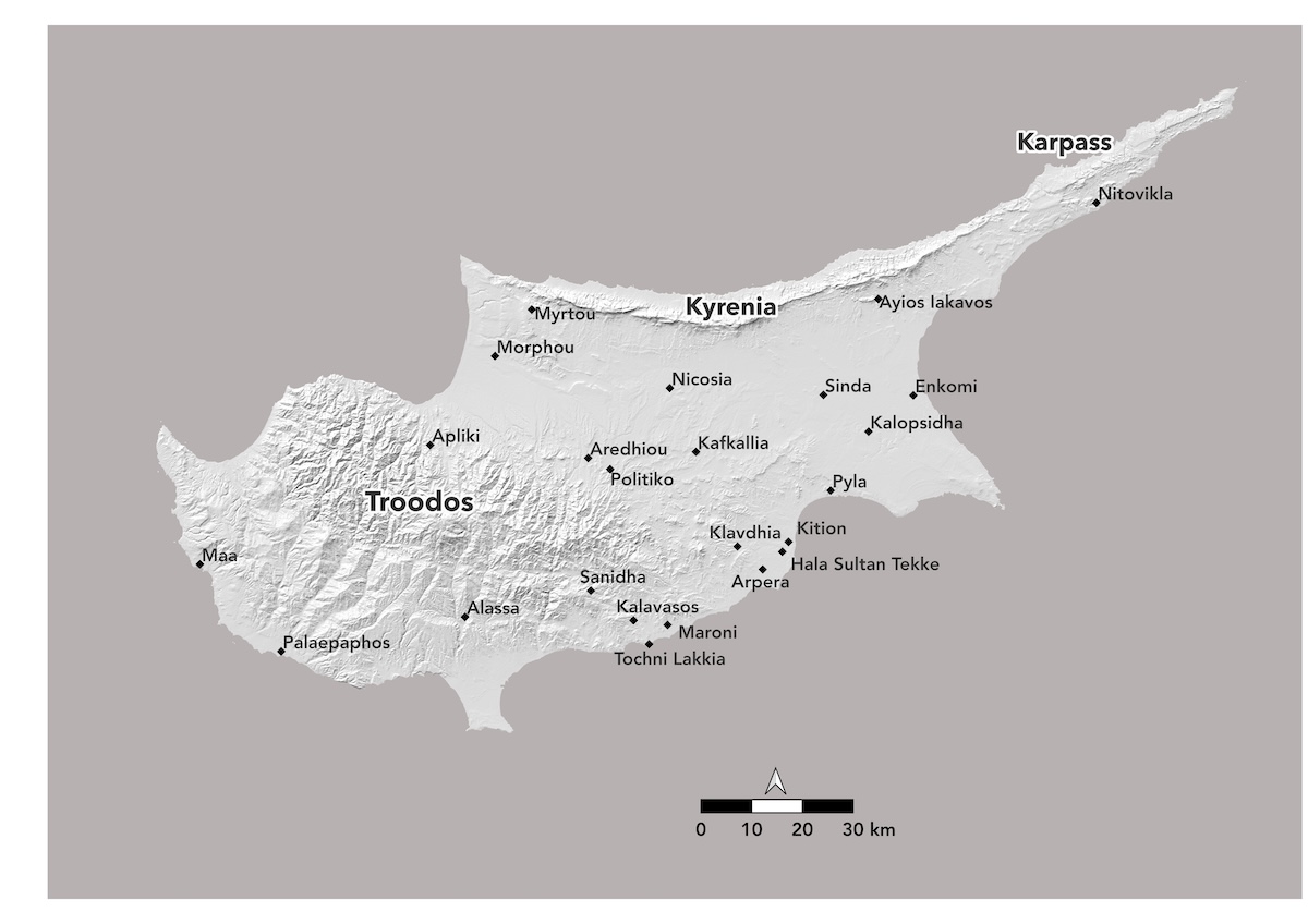 Figure 2. Map of Cyprus, with sites mentioned (prepared by Nathan Meyer).