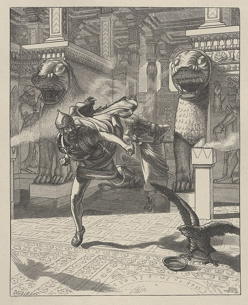 The Flight of Adrammelech, a depiction of Sennacherib’s assassination from Dalziel’s Bible Gallery: Illustrations from the Old Testament (1881). Public Domain.