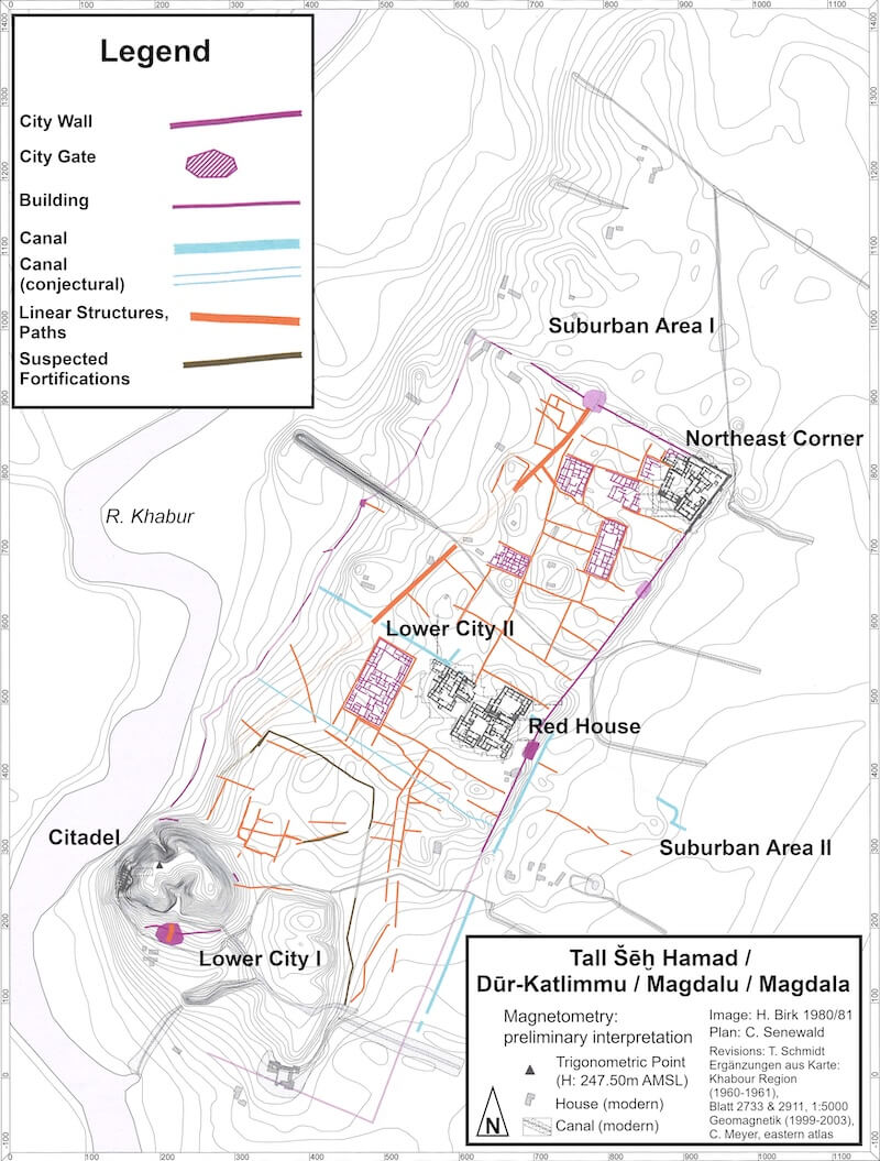 Plan of Dur-Katlimmu showing the excavated areas. Courtesy of Hartmut Kuehne, The Tell Sheikh Hamad Archive, Free University of Berlin.
