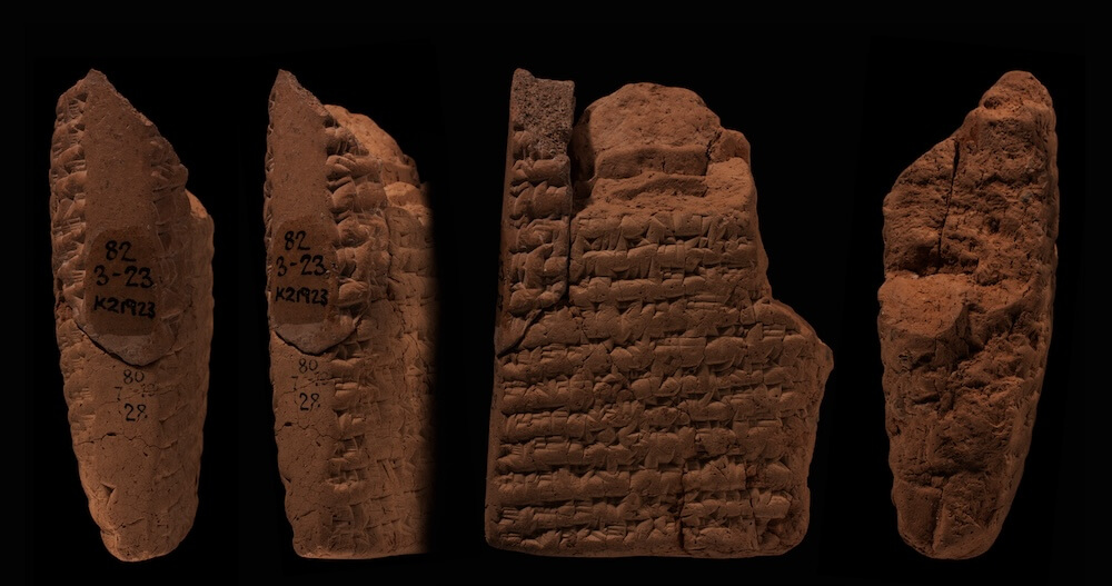 Obverse of the Sennacherib Assassination Tablet, partially translated above. Tablet 1880-7-19, 28 + K. 21923 (SAA 23 128), now in the British Museum (London). Photo courtesy the British Museum; the original image has been cropped. ©The Trustees of the British Museum. CC BY-NC-SA 4.0.