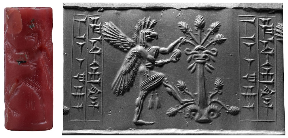 Cylinder seal with modern impression showing a human-bird hybrid approaching a tree. Assyrian, ca. 1200-1050 BCE. The Morgan Library & Museum, Morgan Seal 609: https://www.themorgan.org/seals-and-tablets/84237