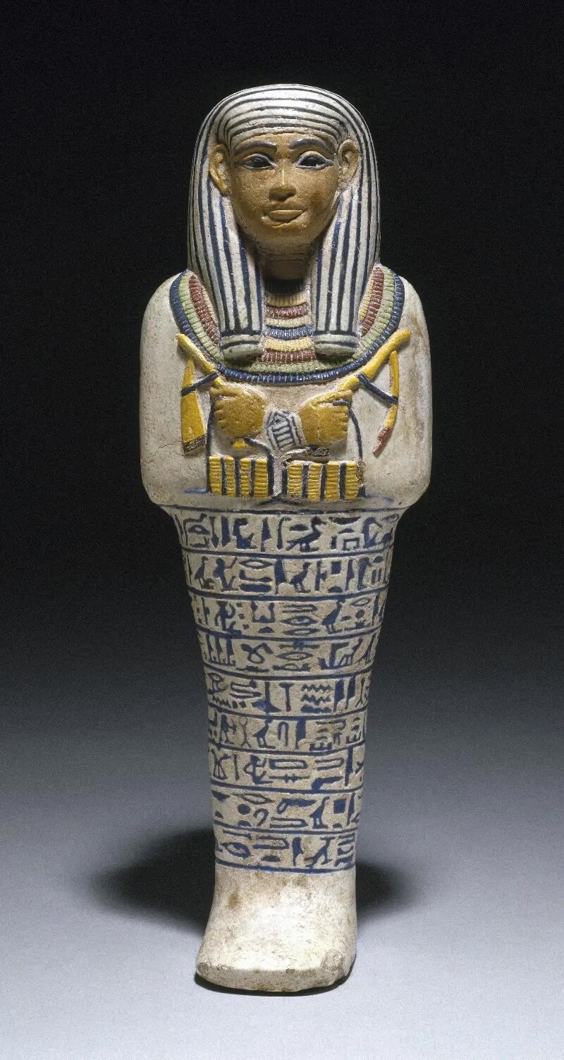Shabti of the Lady of the House Sati. Faience, c. 1390-1352 Brooklyn Museum 37.123E. Image courtesy Brooklyn Museum. CC0.