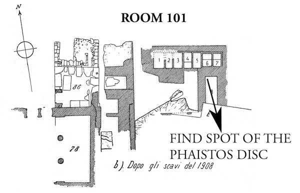 Building 101 with the findspot of the Phaistos Disc (readapted, after L. Pernier, «Il disco di Phaestos con caratteri pittografici», Ausonia 3, 1908, 255-302)