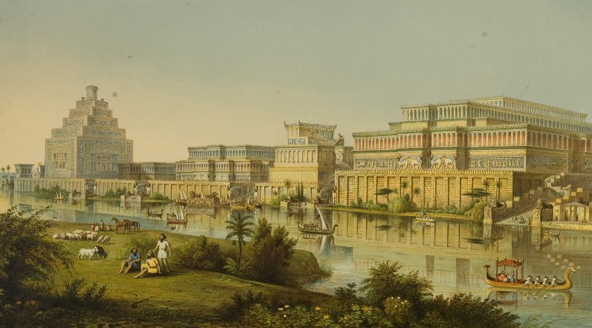 "The palaces of Nimrud restored", as imagined by A.H. Layard (from Layard A.H. 1853, A Second Series of the Monuments of Nineveh, London, pl. 1 detail. After a sketch by James Fergusson). Public domain, via Wikimedia Commons.