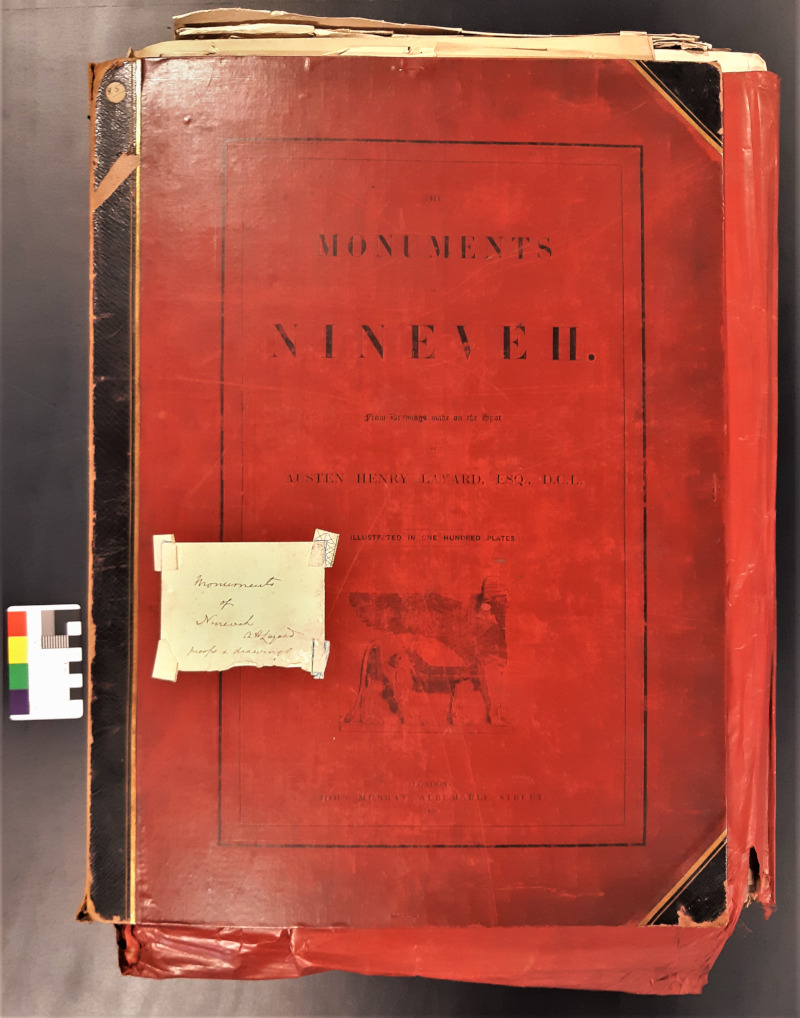 One example of archival materials recently rediscovered and studied: red folder containing Layard’s proofs and drawings for A Second Series of The Monuments of Nineveh (London 1853). Newcastle University Library, Layard Archive.
