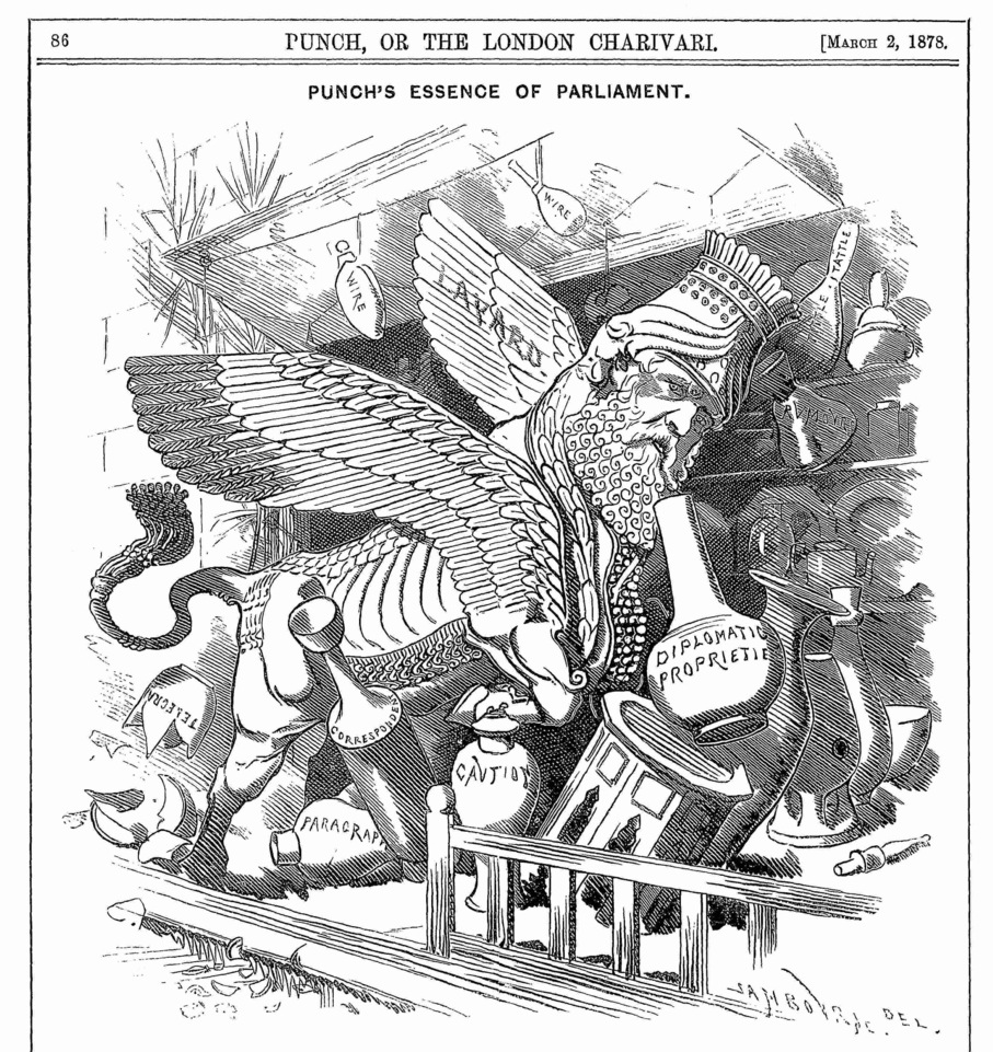 Layard represented as an Assyrian-style bull in cartoon that appeared in the journal Punch on March 2, 1878.