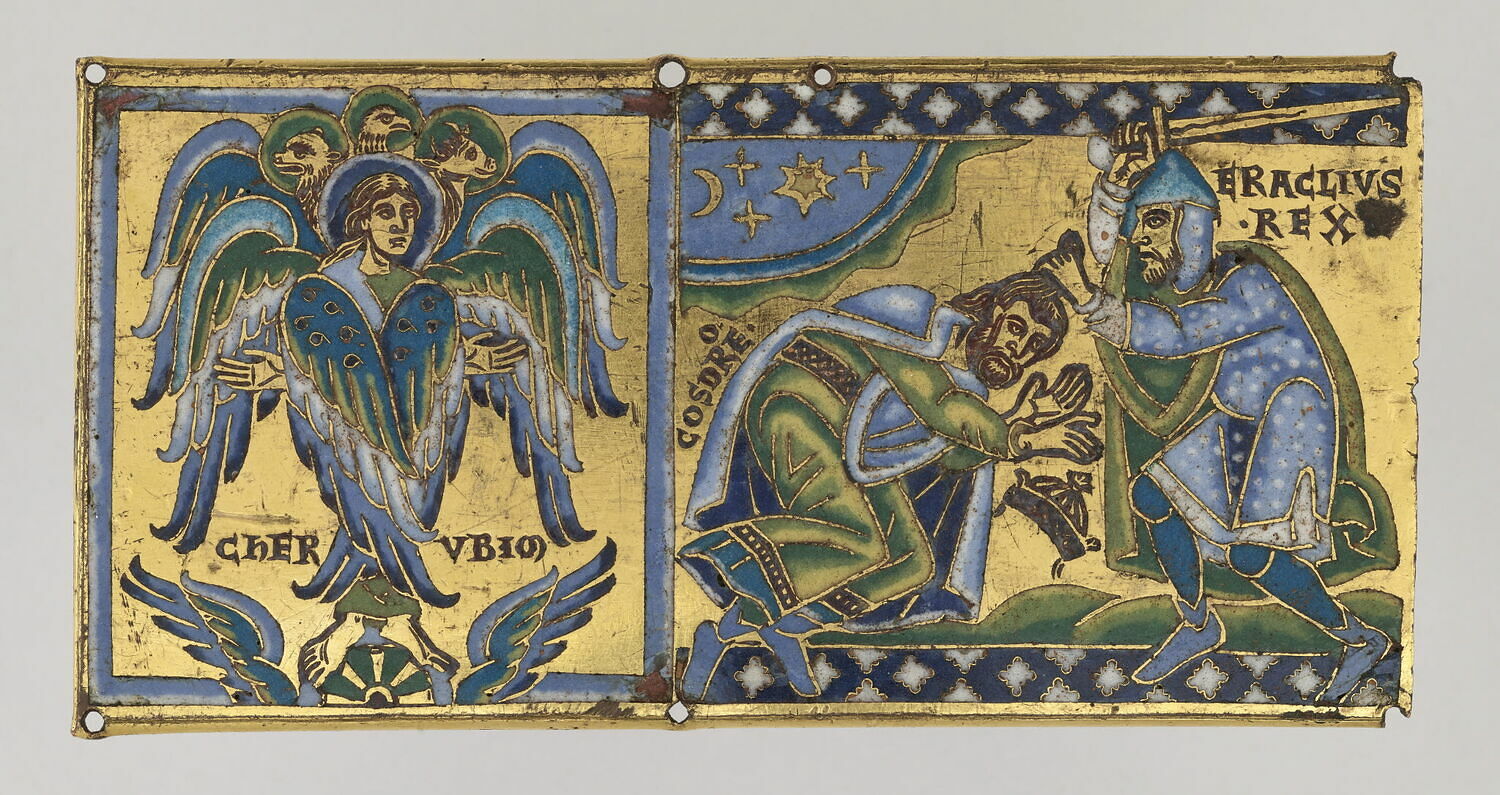Plaque from a cross, ca. 1160-1170 CE. Left: 6-winged cherubim. Right: Byzantine Emperor Heraclius receiving the submission of the Sassanid king Khosrau II. Champlevé enamel over gilt copper. From the Meuse valley. Louvre MRR 245. ©2021 GrandPalaisRmn (Musée du Louvre) / Stéphane Maréchalle.