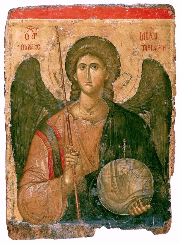 Portable icon depicting the Archangel Michael, carrying a scepter and a sphere. From the chapel of the Chora Monastery in Constantinople (1315-1320). Image source: Byzantine Museum, Athens.