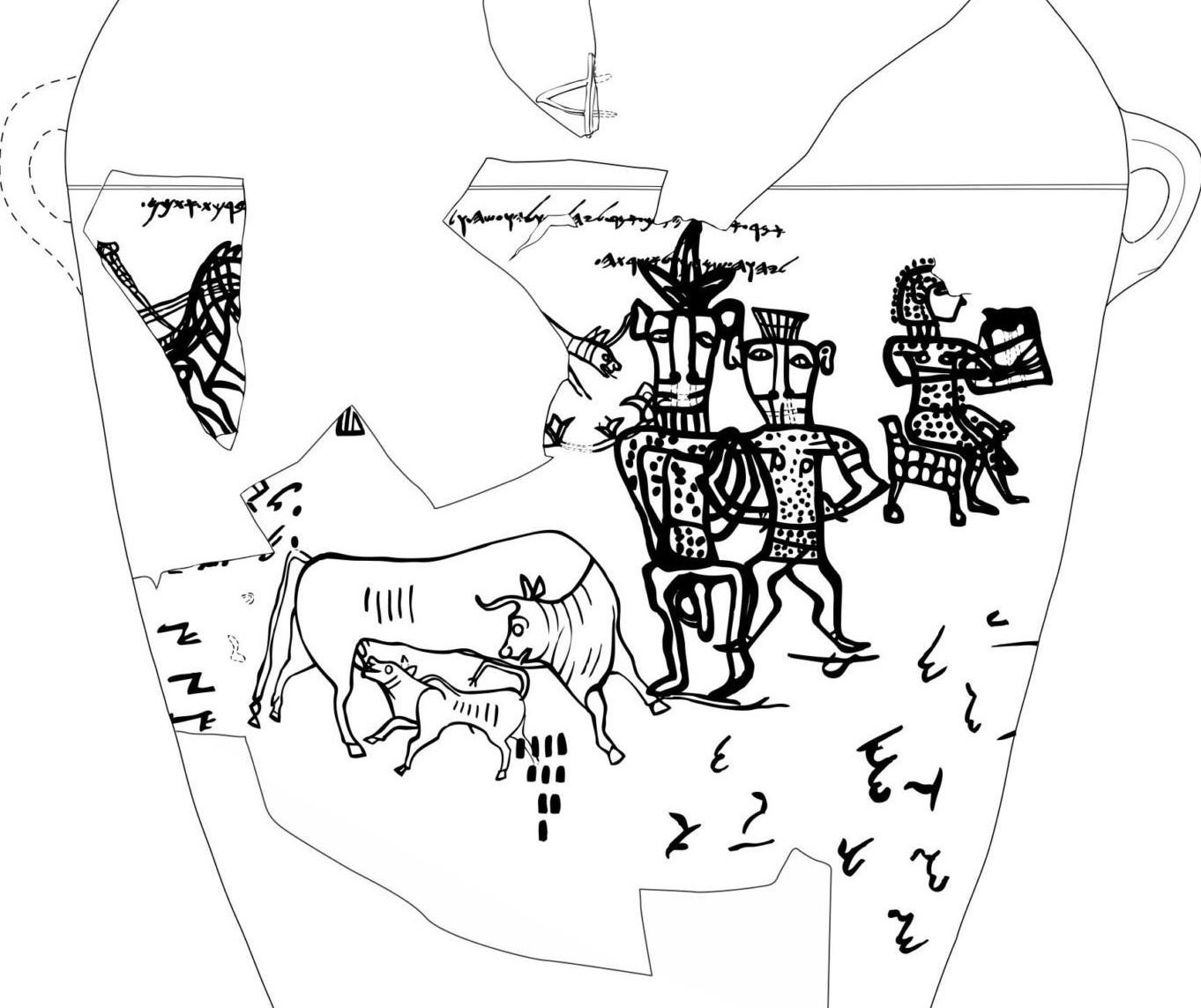 Drawing of an image painted on a jar found at Kuntillet ‘Arjud in the Sinai Peninsula, depicting human figures and animals, dated to the 8th century BCE. “Yahweh and his Asherah” is written across the top of the two central human figures. Photo: Wikimedia Commons, public domain.