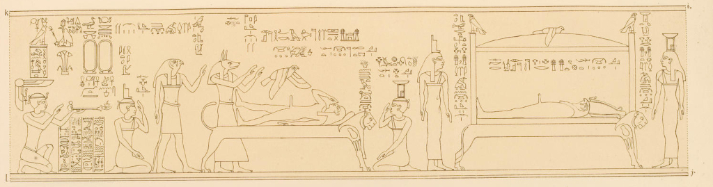 Osiris being mourned by Isis and Nephthys. Credit: Mariette, Dendérah, vol. 4. Plate 90. Universitätsbibliothek Heidelberg, CC-BY-SA 3.0