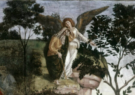 Detail from Moses’s Testament and Death by Lucas Signorelli (1481-82), in the Sistine Chapel. An anonymous angel leads Moses up Mt. Nebo to look at the Promised Land. Public Domain.