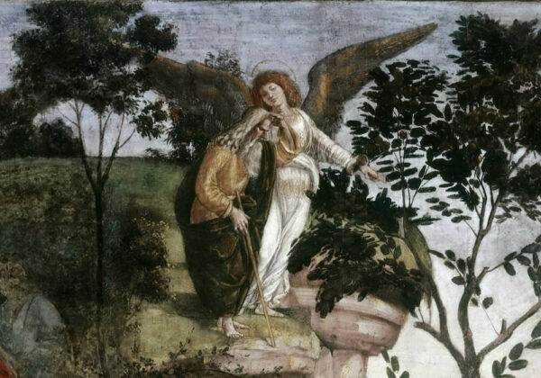 Detail from Moses’s Testament and Death by Lucas Signorelli (1481-82), in the Sistine Chapel. An anonymous angel leads Moses up Mt. Nebo to look at the Promised Land. Public Domain.