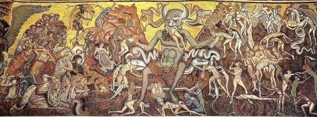Mosaic on the vault of the Baptistery of San Giovanni, Florence, depicting Satan and Hell. Coppo di Marcovaldo, ca. 1260 CE. Photo by Toscana y Liguria, CC BY-NC-SA 2.0