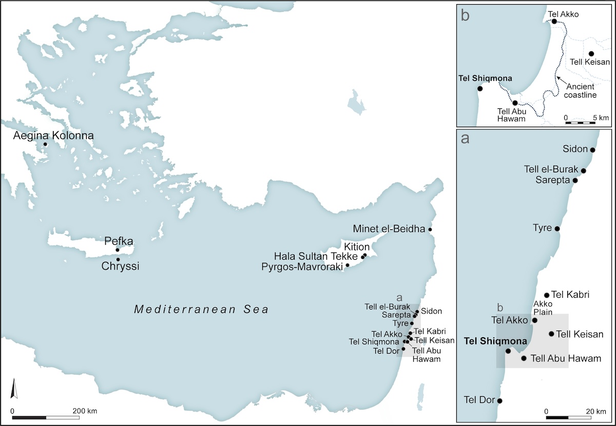 Location map of Tel Shiqmona and other sites mentioned in the text. Map by Sapir Haad. Image credit: Golan Shalvi et al. (2025), PLOS ONE (Figure 1). Licensed under CC BY 4.0