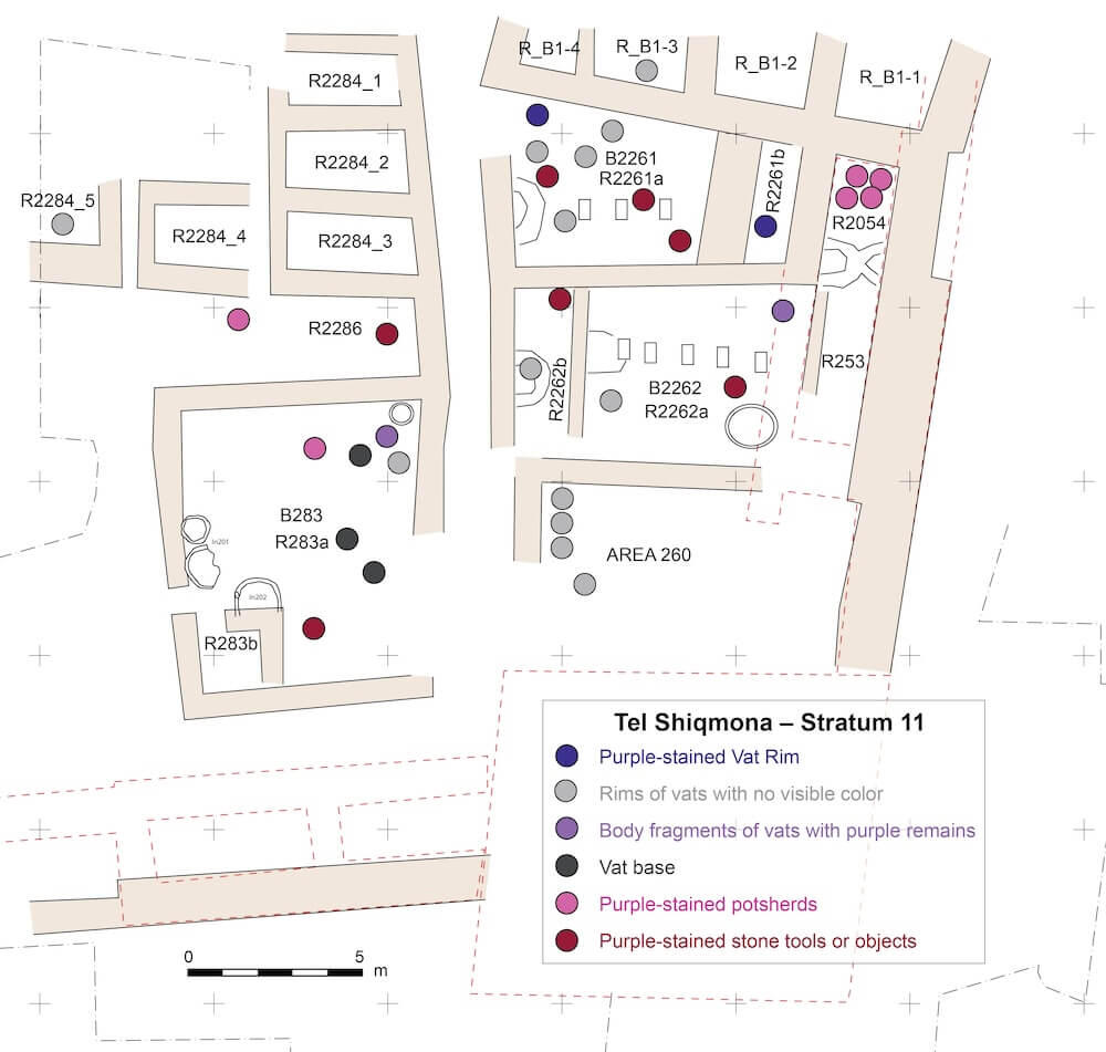 Schematic plan of Stratum 11 (first half of the 8th century BCE) with spatial distribution of finds related to purple-dye production. Illustration by Sapir Haad. Image credit: Golan Shalvi et al. (2025), PLOS ONE (Figure 14). Licensed under CC BY 4.0.