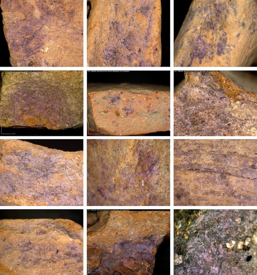 Dino-Lite digital microscope photos of purple-dye residue on miscellaneous pottery vessels. Photos by Golan Shalvi and Maria Bukin. Image credit: Golan Shalvi et al. (2025), PLOS ONE (Figure 10). Licensed under CC BY 4.0.