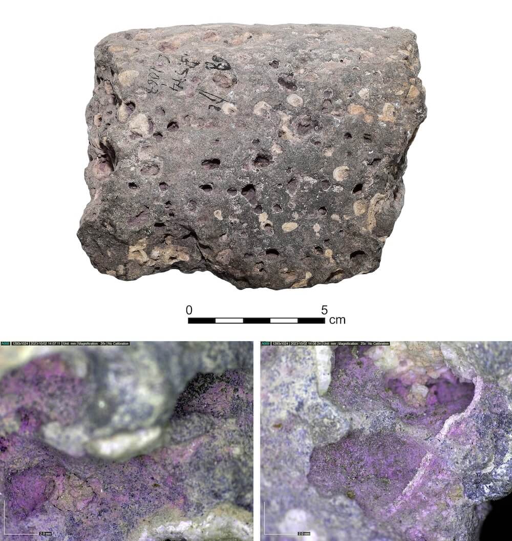 Basalt grinding stone tool with purple dye residue. Below are the Dino-Lite digital microscope photos of the purple dye residue on it. Photos by Maria Bukin. Image credit: Golan Shalvi et al. (2025), PLOS ONE (Figure 11). Licensed under CC BY 4.0.