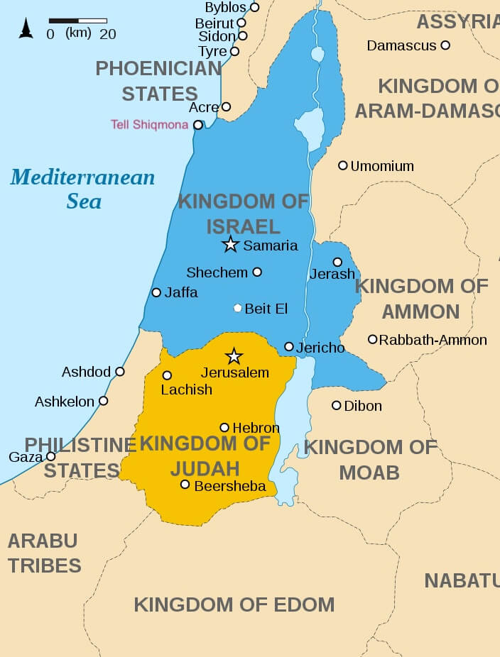 Map of the kingdom of Israel under the Omride Dynasty. Map by FinnWikiNo / Wikimedia Commons, CC By-SA 3.0. The location of Tell Shiqmona has been added for reference.